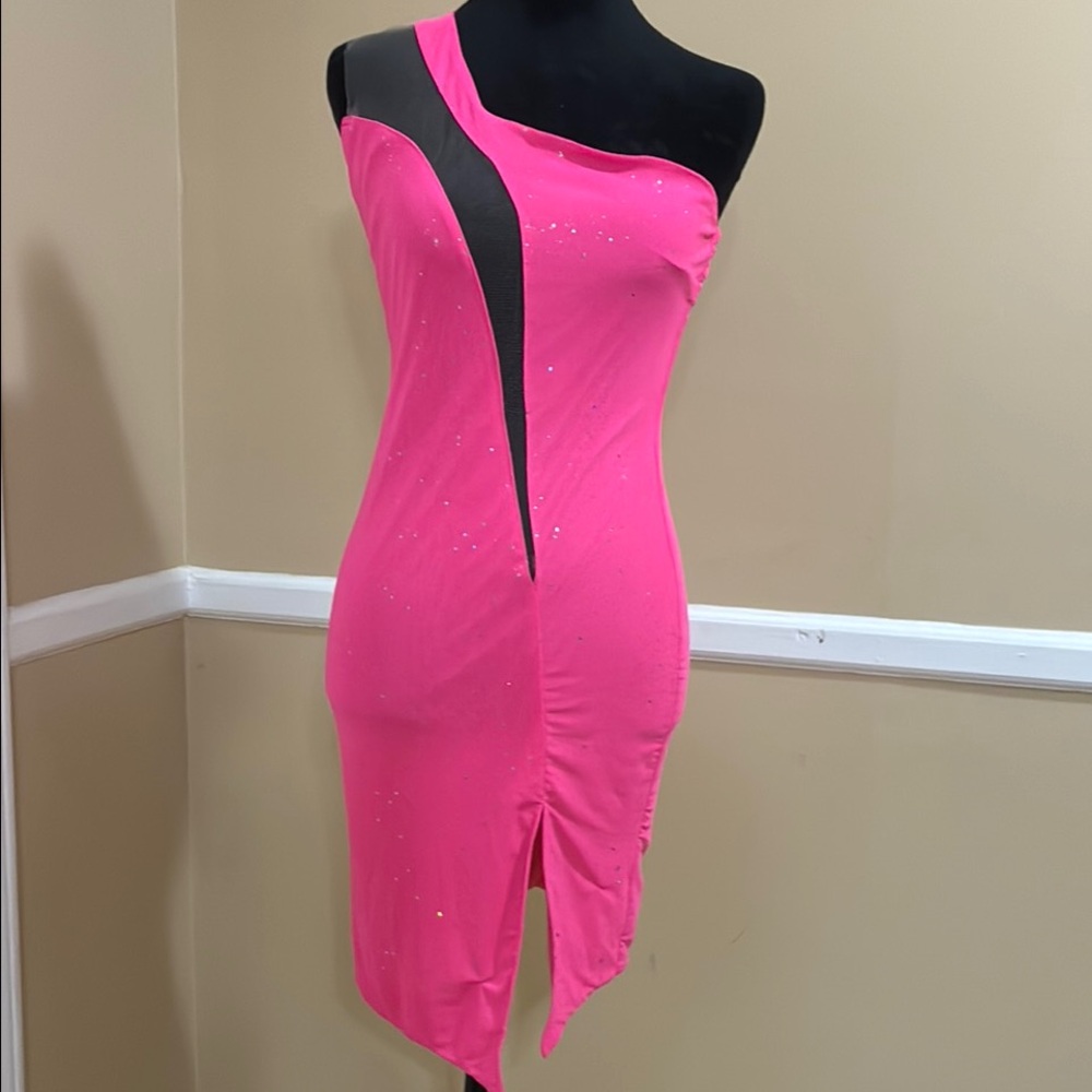 Elegant Pink and silver sparkling One-Shoulder Dress
